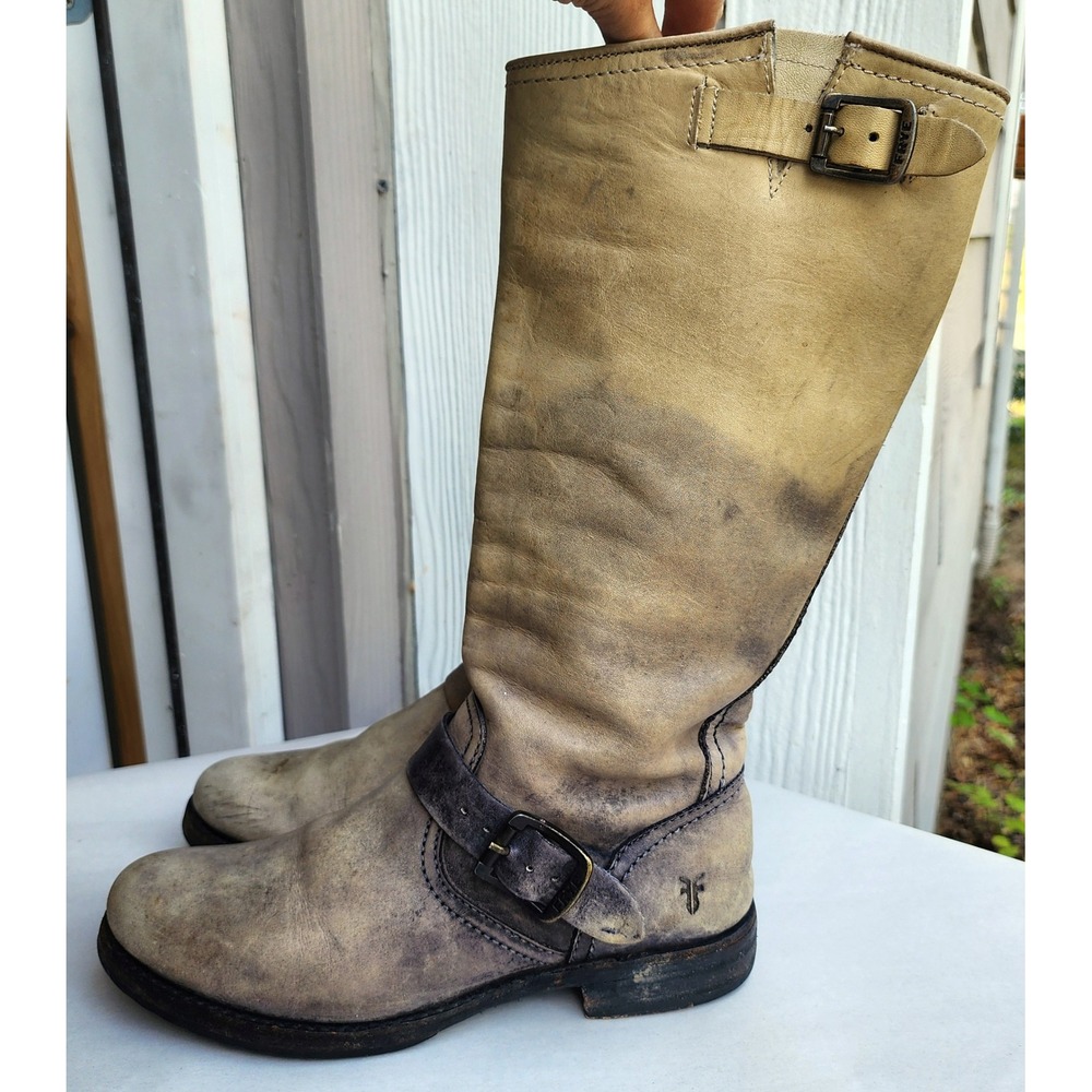 Frye Sz 7.5 Distressed Leather Veronica Slouch Biker Moto Boots Rare Gray Ombre - Picture 2 of 9